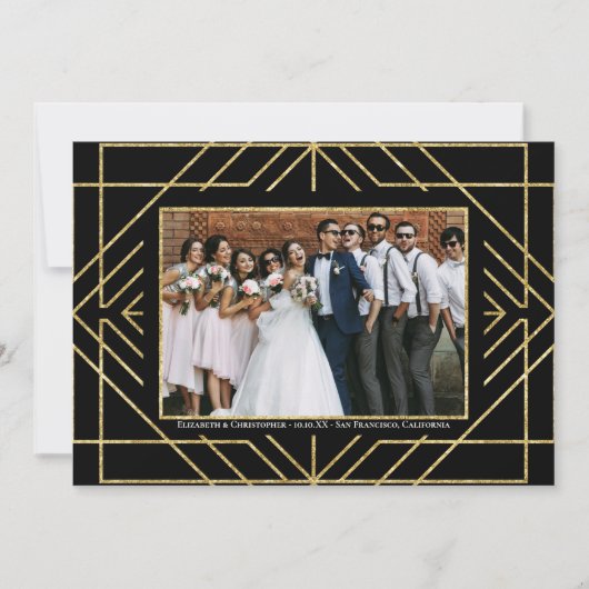 Elegantes Art Deco Gold Schwarzes Foto Vielen Dank Save The Date (Vorderseite)