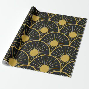 Elegantes Art Deco Gold Sonnenmuster auf Schwarz  Geschenkpapier