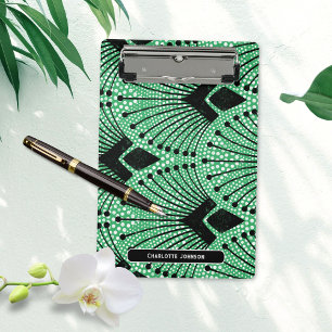 Elegantes Art Deco grün schwarz weiß Pfauenmuster Mini Klemmbrett