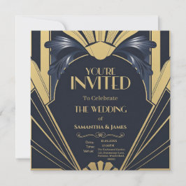 Elegantes Art Déco Hochzeitsdesign - Navy & Gold Einladung