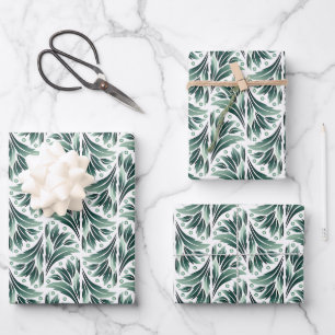 Elegantes Art Deco-Muster mit grünem Blattwerk Geschenkpapier Set