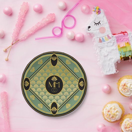 Elegantes Art Deco Muster Mongram Wedding Pappteller (Party)