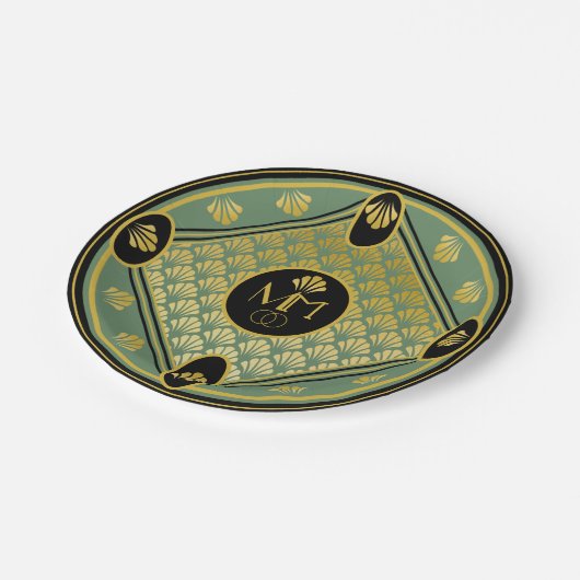 Elegantes Art Deco Muster Mongram Wedding Pappteller (Schrägansicht)