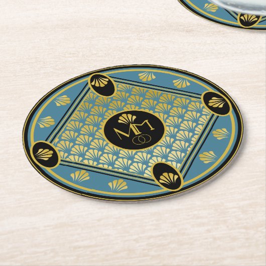 Elegantes Art Deco Muster Mongram Wedding Runder Pappuntersetzer (Angewinkelt)