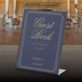 Elegantes Art Deco Navy Blue and Gold Gästebuch Sockelschild
