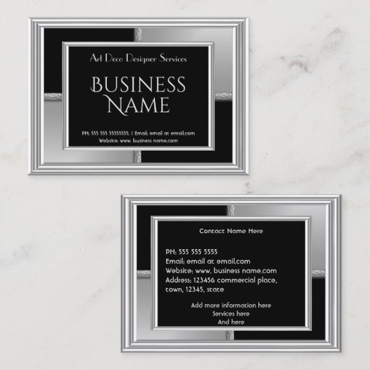 Elegantes Art Deco Silver Black Geometric Metal Visitenkarte (Vorne/Hinten)