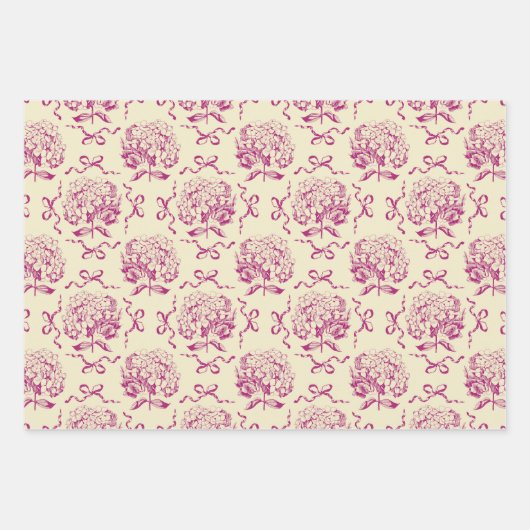 Elegantes ästhetisches Hydrangea Bow Pink Toile Mu Geschenkpapier Set (Vorderseite 2)