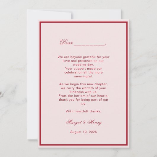 Elegantes ästhetisches Rotes Hochzeitssemble-Foto Dankeskarte (Vorderseite)