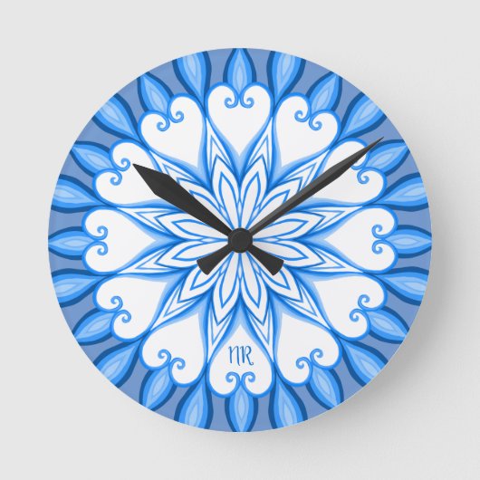 Elegantes ästhetisches White & Blue Mandala Mit Mo Runde Wanduhr (Vorderseite)