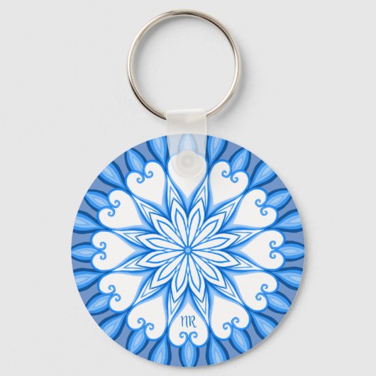 Elegantes ästhetisches White & Blue Mandala Mit Mo Schlüsselanhänger (Vorderseite)