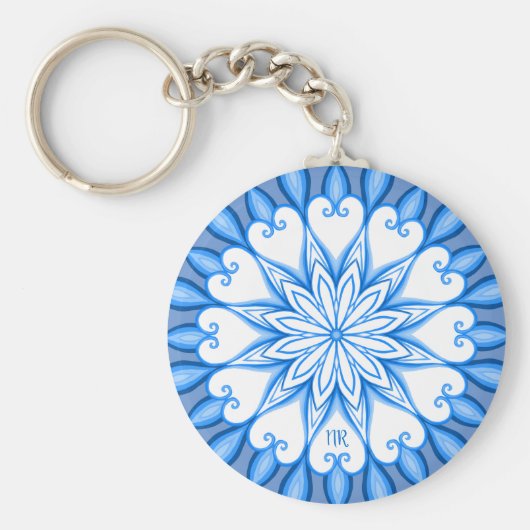 Elegantes ästhetisches White & Blue Mandala Mit Mo Schlüsselanhänger (Vorne)