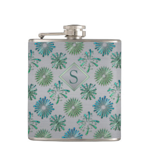 Elegantes, aufwendiges blau-grünes Monogramm-Muste Flachmann