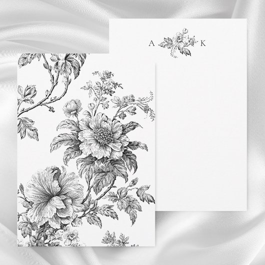 Elegantes B&W Floral mit Monogramm Mitteilungskarte