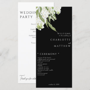 Elegantes B/W Hochzeitsprogramm für Weiße Flora Menükarte