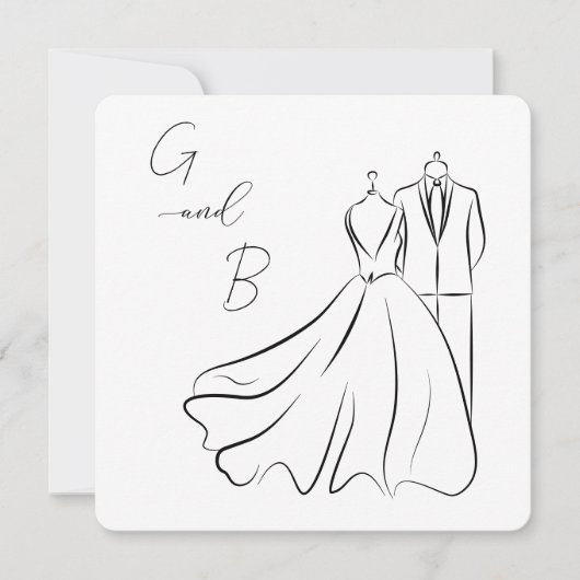 Elegantes B&W Wedding Tux & Dress Square Wedding Einladung (Vorderseite)