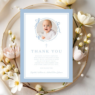 Elegantes Baby Blau religiöse Taufe Foto Dankeskarte
