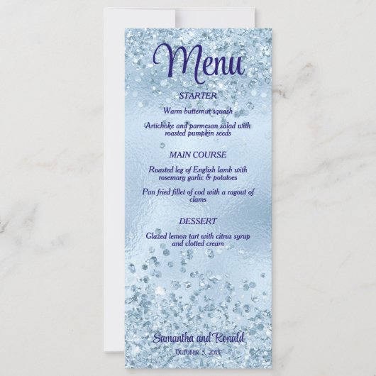Elegantes Baby Blue Glitzer and Foil Wedding Menu Einladung (Vorderseite)