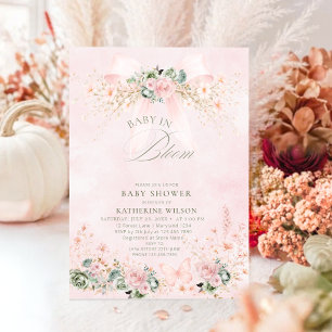 Elegantes Baby-in-Bloom-Babyshower mit rosa Schlei Einladung
