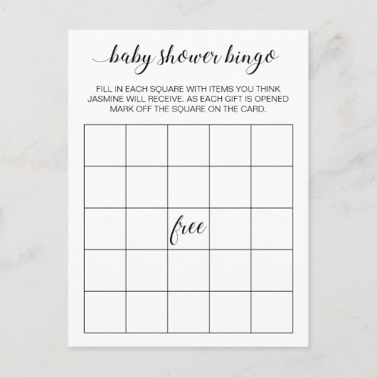 Elegantes Baby Shower Bingo Card Game Postkarte (Vorderseite)