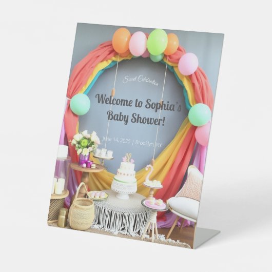 Elegantes Baby Shower Pedestal Schild | Blumen und (Vorderseite)