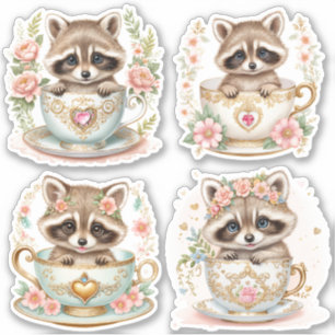 Elegantes Baby-Waschbärchen in Teetasse - Florales Aufkleber