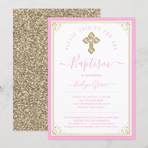 Elegantes Babyrosa Hellgold Mädchen Taufe Einladung
