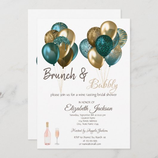 Elegantes Balloons Brunch & Bubbly Brautparty Einladung (Vorne/Hinten)