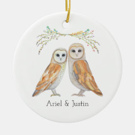 Elegantes Barn Owl Couple Individuelle Name Weihna Keramik Ornament