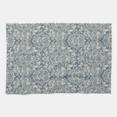 Elegantes Barock Blue Damask Brocade auf Weiß Geschirrtuch (Horizontal)
