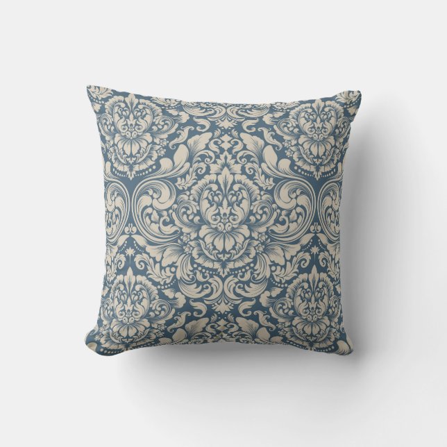 Elegantes Barock Blue Damask Brocade auf Weiß Kissen (Vorderseite)