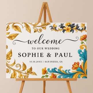 Elegantes Barock Gold Aquamarine Hochzeit Begrüßun Poster