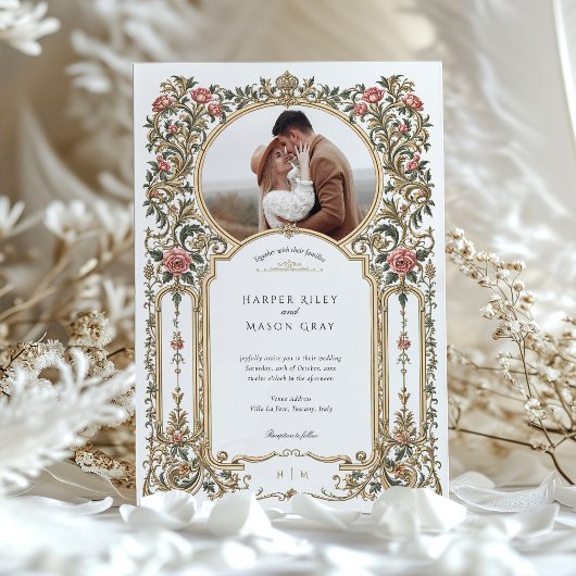 Elegantes Barock Gold Floral Foto Hochzeit Einladung