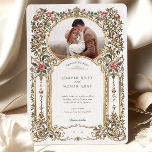 Elegantes Barock Gold Floral Foto Hochzeit Einladung