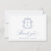 Elegantes Barock Wappen Monogram Blue Wedding Dankeskarte (Vorderseite)