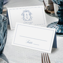 Elegantes Barock Wappen Monogram Blue Wedding Platzkarte