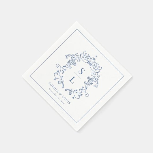 Elegantes Barock Wappen Monogram Blue Wedding Serviette (Ecke)
