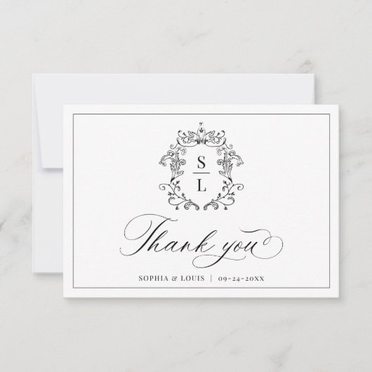 Elegantes Barock-Wappen Monogram Wedding Dankeskarte (Vorderseite)