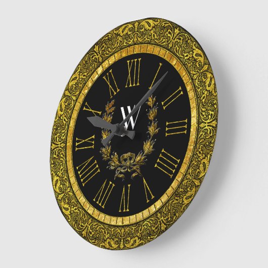 Elegantes barockes GoldKranz-Monogramm Große Wanduhr (Winkel)