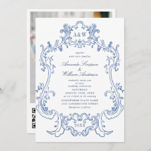 Elegantes Baroque Blue Verziert Frame Wedding Foto Einladung