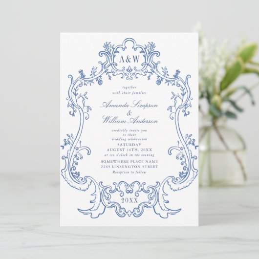 Elegantes Baroque Dusty Blue Frame Foto Hochzeit Einladung (Stehend Vorderseite)