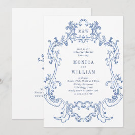 Elegantes Baroque Dusty Blue Frame Probe Dinner Einladung