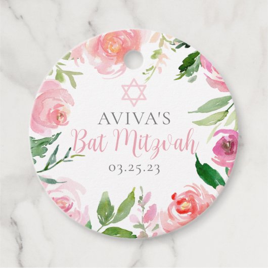 Elegantes Bat Mitzvah Personalisiert Pink Floral P Geschenkanhänger (Vorderseite)