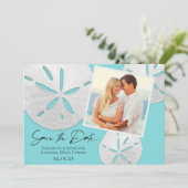 Elegantes Beach Aquamarines White Sand Dollars Fot Save The Date (Stehend Vorderseite)