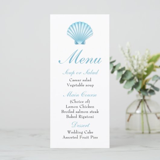 Elegantes Beach Blue Nautical Seashell Wedding Men Menükarte (Stehend Vorderseite)