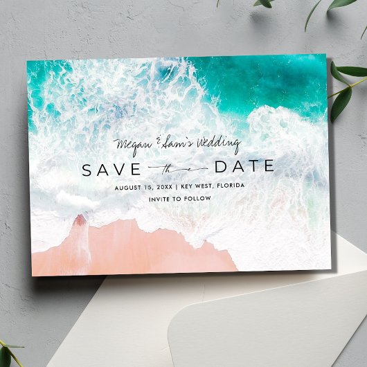 Elegantes Beach Hochzeit in Urlaubsort Foto Save The Date