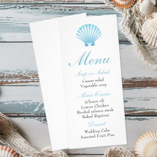 Elegantes Beach Nautical Seashell Wedding Menu Werbekarte