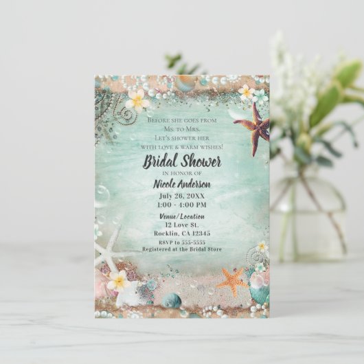 Elegantes Beach Sea Starfish & Pearls Brautparty Einladung (Stehend Vorderseite)