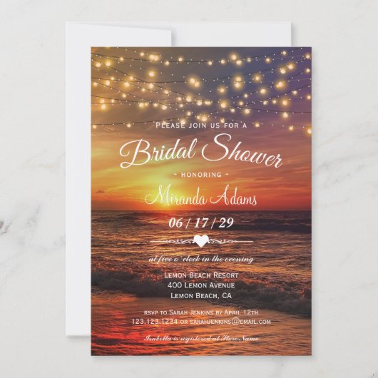 Elegantes Beach String Lights Summer Brautparty Einladung (Vorderseite)