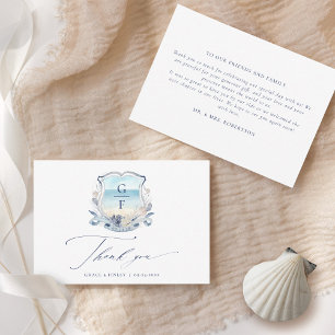 Elegantes Beach Wedding Monogram Wappen Dankeskarte