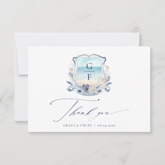 Elegantes Beach Wedding Monogram Wappen Dankeskarte (Vorderseite)